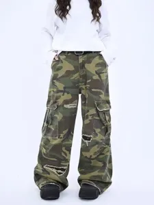 Jeans Cargo Mimetici da Uomo Gamba Dritta Vestibilità Larga Stile Hip Hop Americano Casual
