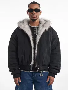Close-up detail of the black thick warm hooded cotton coat featuring stylish grey fur trim.