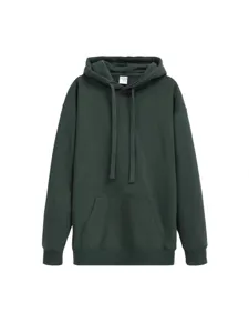 Sweat à capuche lourd en coton pour hommes vert foncé, pull ample avec poche kangourou.