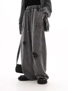 Vintage washed distressed grey sweatpants for men, loose streetwear casual cotton trousers.