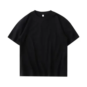 Black solid color short sleeve t-shirt detail showing classic crewneck and relaxed fit.