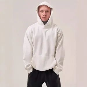 Heavyweight plain white hoodie detail, cozy cotton loopback fabric, oversized fit with large hood.
