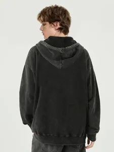 Vintage washed zip-up hoodie for men, heavyweight 400g fleece, oversized casual streetwear.