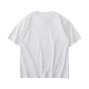 Close-up view of the minimalist white short sleeve t-shirt, showing the clean loose collar fit.