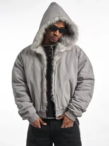 Men's winter grey thick hooded jacket with faux fur collar warm casual outerwear coat apparel