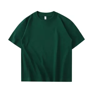 Detailed view of the dark green heavy solid short sleeve t-shirt with clean loose fit.