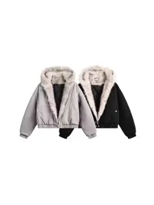 Casual loose thick warm hooded padded jacket with faux fur collar in grey and black colors view