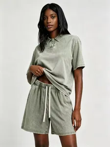 Vintage washed short sleeve polo shirt and shorts set, casual cotton streetwear outfit.