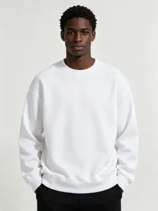 Detail view of a men solid white crewneck sweatshirt, featuring a comfortable loose fit.