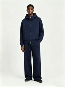 Dark navy blue heavy fleece zip-up hoodie and matching sweatpants set detail view.