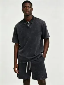 Vintage washed short sleeve polo shirt and shorts set for men casual streetwear outfit