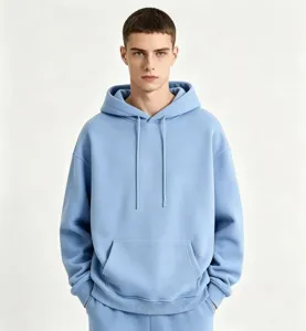 Gedetailleerd overzicht van de casual lichtblauwe heren hoodie met comfortabele capuchon.