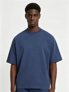 Close-up view of heavy-weight stone-washed vintage blue short sleeve t-shirt detail.