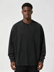 Men's Heavyweight Washed Vintage Long Sleeve T-Shirt Casual Loose Cotton Pullover Top