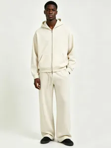 Men casual solid color zip hoodie and sweatpants tracksuit set for autumn and winter daily wear.