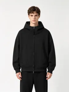 Black full-zip hoodie with high collar detail, heavy fabric construction and modern fit.