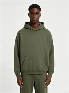 Sudadera con capucha verde militar lisa para hombre streetwear de felpa pesada
