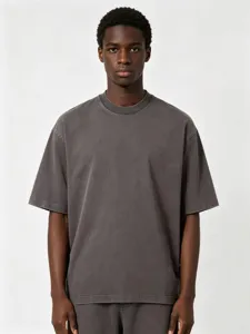 Men's heavy washed short sleeve t-shirt vintage charcoal grey casual crewneck top.