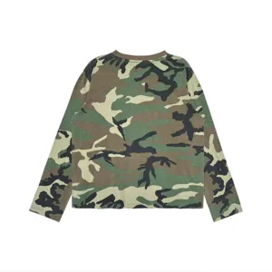 Detailed view of the camouflage long sleeve fabric, classic crewneck design pattern.