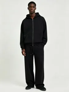 Men's Heavyweight Cotton Blend Full Zip Hooded Sweatshirt Casual Solid Color Long Sleeve Jacket And Sweatpants