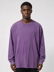 Men's vintage washed long sleeve t-shirt loose fit heavy cotton casual solid color top
