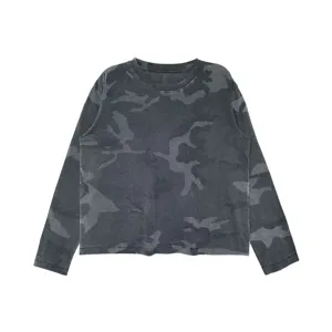 Detailed close-up view of dark grey camouflage long sleeve crewneck T-shirt, loose fit.