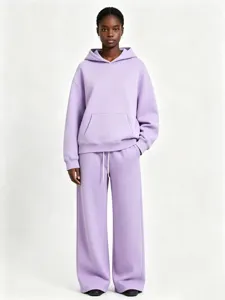 Women fashion solid color fleece hoodie and sweatpants tracksuit set for autumn and winter.