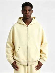 Men's heavy zip-up hoodie casual loose winter fleece jacket outerwear solid color sweatshirt