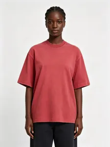 Detailed view of women's vintage washed heavy oversized short sleeve cotton t-shirt top.