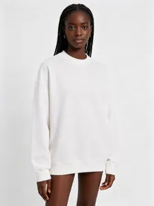 Solid white crewneck sweatshirt for women, minimalist casual long sleeve top basic.