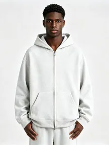 Men's heavy grey zip-up hoodie, oversized casual hooded sweatshirt for autumn wear.
