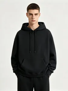 Heren effen zwarte hoodie casual losse zware streetwear pullover capuchon winterjas.
