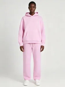 Women Solid Pink Fleece Hoodie and Sweatpants Tracksuit Casual Sportwear Winter Set