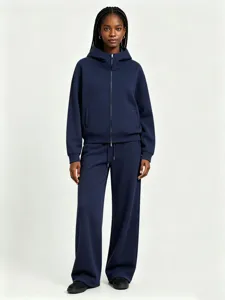 Heavyweight solid zip hoodie sweatpants set, chic high collar tracksuit for cozy winter style.