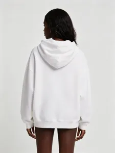 Back view detail of a solid white oversized cotton fleece hoodie with spacious hood.