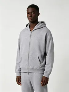 Men grey zip up hoodie detail, heavy fleece hooded sweatshirt, casual solid color streetwear