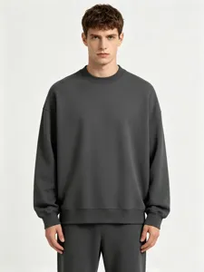 Men dark gray crewneck sweatshirt and sweatpants set heavy loopback cotton fleece outfit.