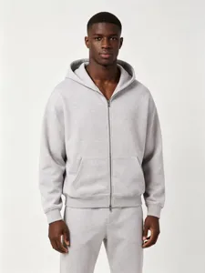 Men grey zip up hoodie and sweatpants set heavyweight loopback fleece streetwear tracksuit.