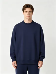 Men's solid navy crewneck sweatshirt and matching pants set, comfortable and stylish daily wear.