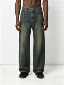 Detail view of retro washed wide-leg denim jeans with a cool hip-hop loose straight fit style