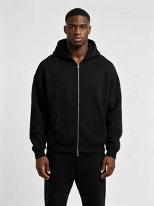 Detailed view of the heavy black zip-up hoodie and pants set, ideal for autumn and winter.