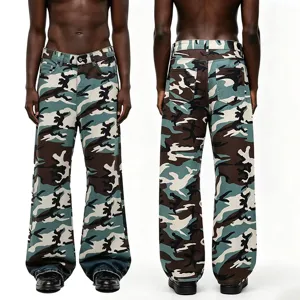 Camouflage print straight-leg denim jeans, casual streetwear hip-hop style pants for men.