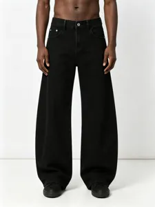 Men's black wide leg jeans retro casual straight denim trousers vintage hip hop streetwear