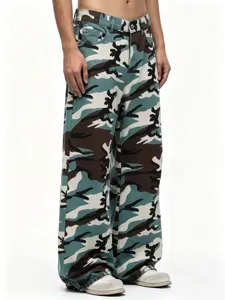 Mens streetwear camo print straight leg jeans casual hip hop denim trousers for summer