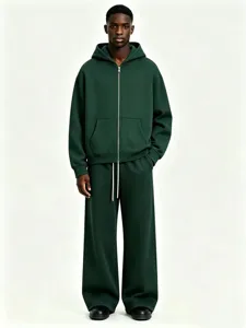 Men's Fleece Lined Zip Up Hoodie And Pants Set Solid Color Long Sleeve Loose Fit Winter Warm Sportswear Tracksuit