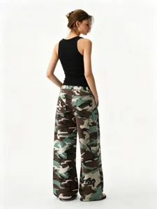 Back view detail of camouflage wide leg pants showing casual streetwear style and fit.