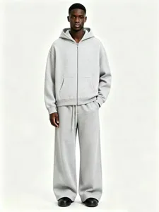 Men's grey fleece zip-up hoodie and sweatpants tracksuit set, casual solid color sportswear outfit.