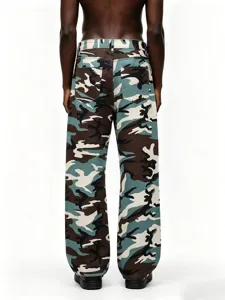 Detailed back view of men's American hip hop style camo straight leg denim jeans.