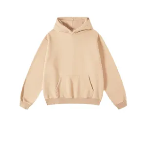 Detailed view of casual fleece-lined khaki hoodie, showing thick fabric and front pocket.