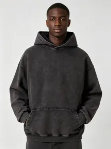 Sudadera pesada con capucha de lavado vintage, capucha cómoda, bolsillo cangurera y dobladillo.